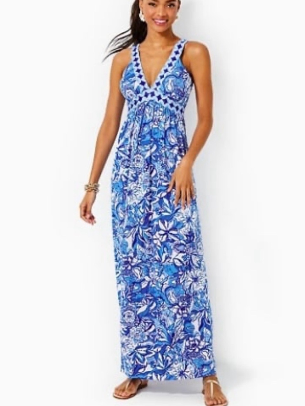Lilly Pulitzer Serena V-Neck Maxi Dress Blue Tang Flocking Fabulous Size 16